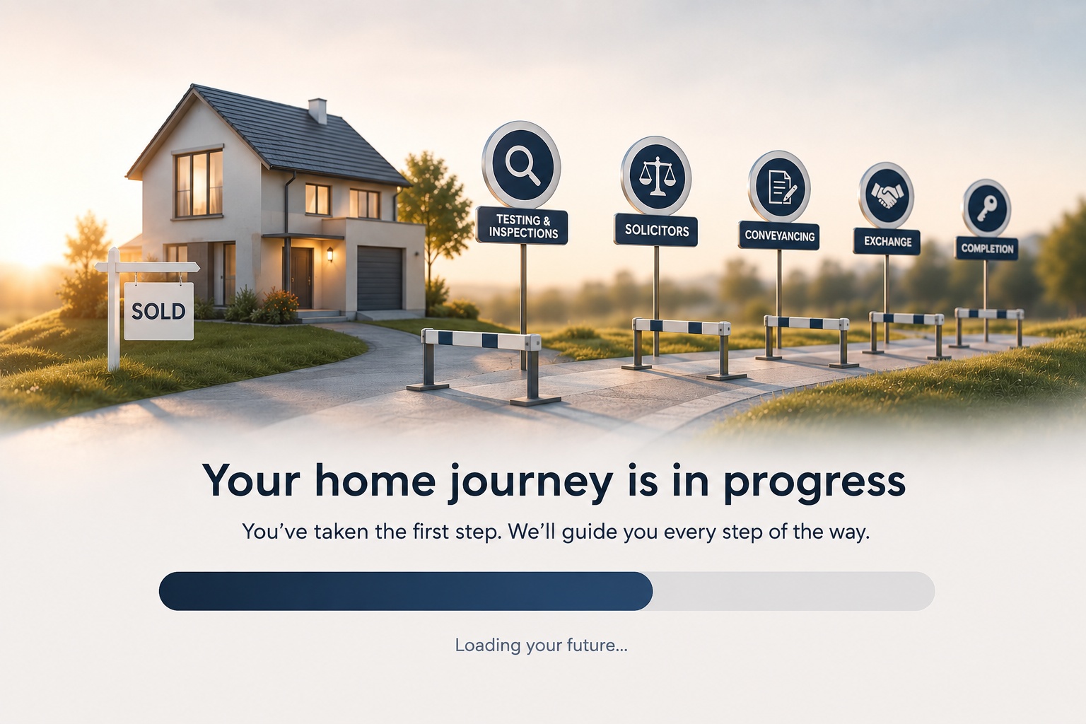 A home purchase journey, with a house, sold sign and a row of hurdles representing each step from offer to completion.